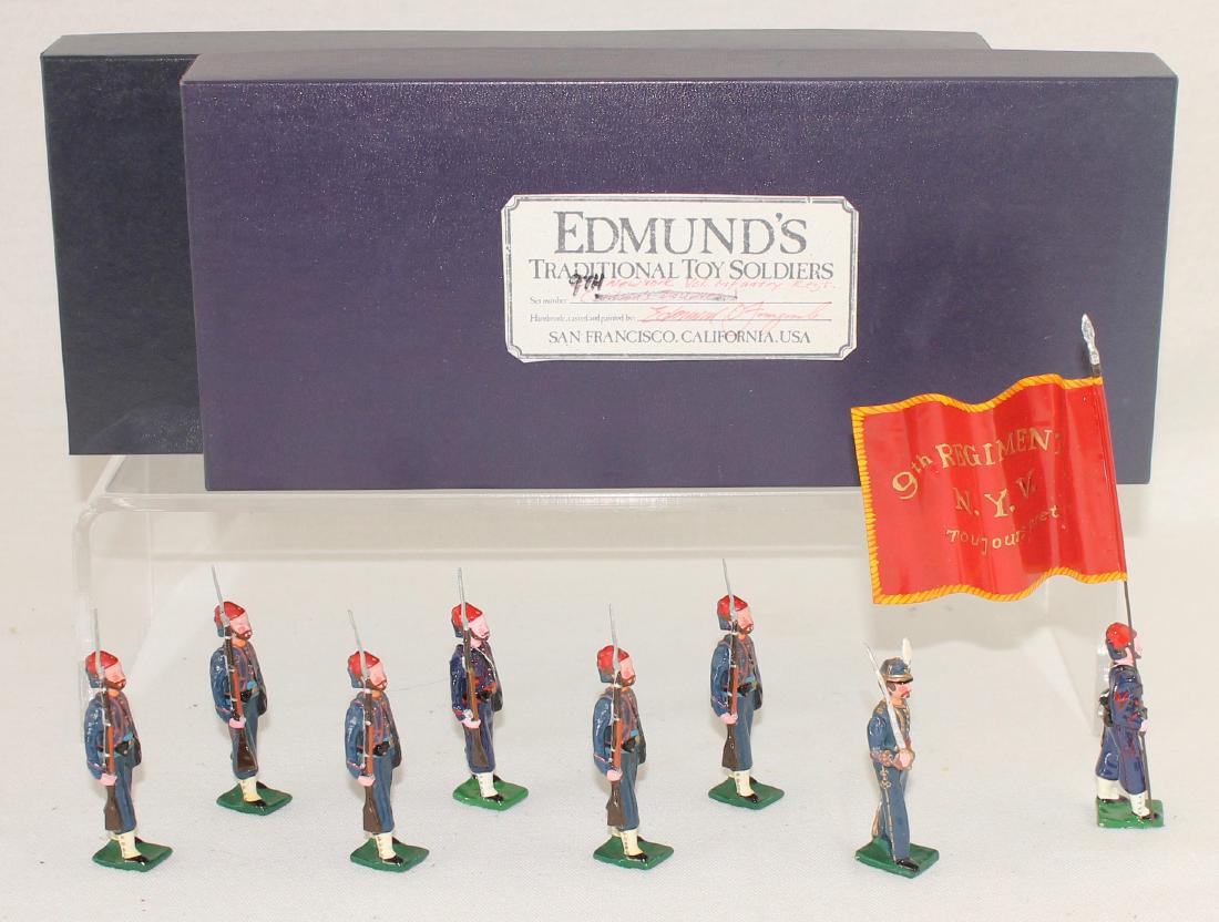 Edmund's 9th New York State Volunteer Regiment: Edmund's 9th New York State Volunteer Regiment Color Party (1861) "Hawkin's Zouaves". Expanded set includes special order flag bearer and extra trooper. 8 pieces. Condition excellent. Boxes very good.