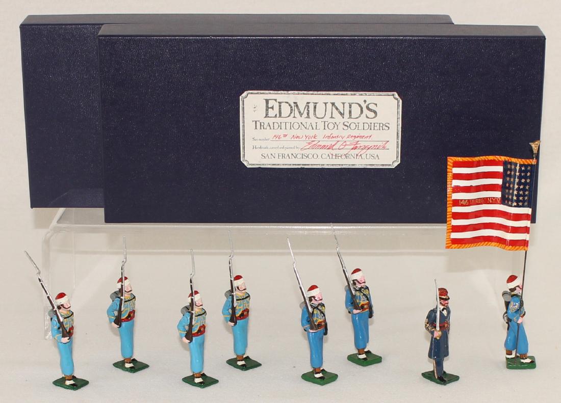 Edmund's 146th New York Volunteer Regiment: Edmund's 146th New York Volunteer Infantry Regiment Color Party (1862) "Garrand's Tigers". Expanded set includes special order flag bearer and extra trooper. 8 pieces. Condition excellent. Boxes very 