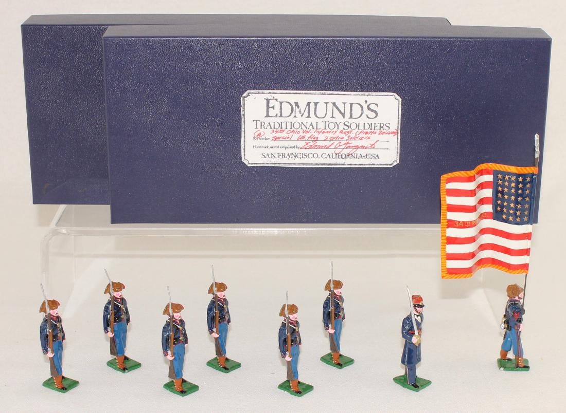 Edmund's 34th Ohio Volunteer Regiment: Edmund's 34th Ohio Volunteer Infantry Regiment Color Party (1861) "Piatt's Zouaves". Expanded set includes special order flag bearer and extra trooper. 8 pieces. Condition excellent. Boxes very good.