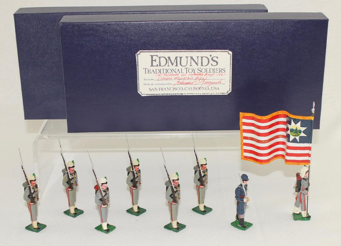 Edmund's 1st Vermont Volunteer Regiment: Edmund's 1st Vermont Volunteer Infantry Regiment Color Party (1861) "Green Mountain Boys". Expanded set includes special order flag bearer and extra trooper. 8 pieces. Condition excellent. Boxes very 