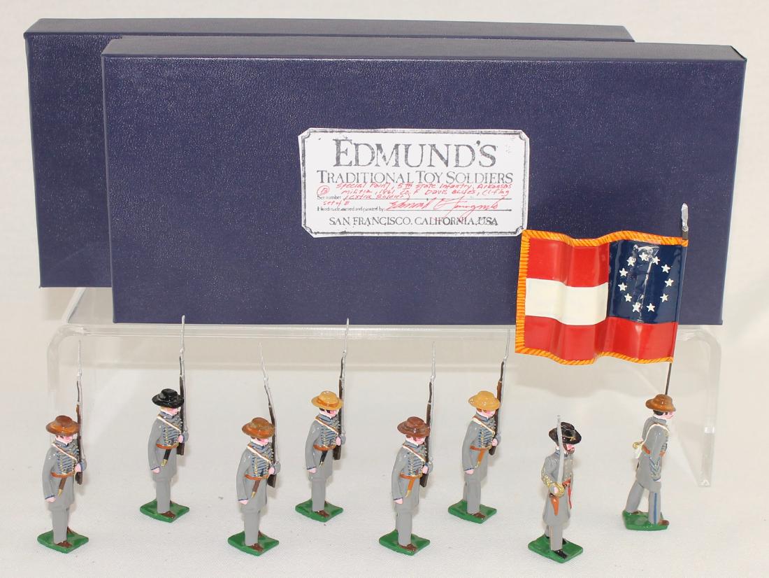 Edmund's 5th Arkansas State Troops: Edmund's 5th Regiment Arkansas State Troops Color Party (1861) "Davis Blues". Expanded set includes special order flag bearer and extra trooper. 8 pieces. Condition excellent. Boxes very good.