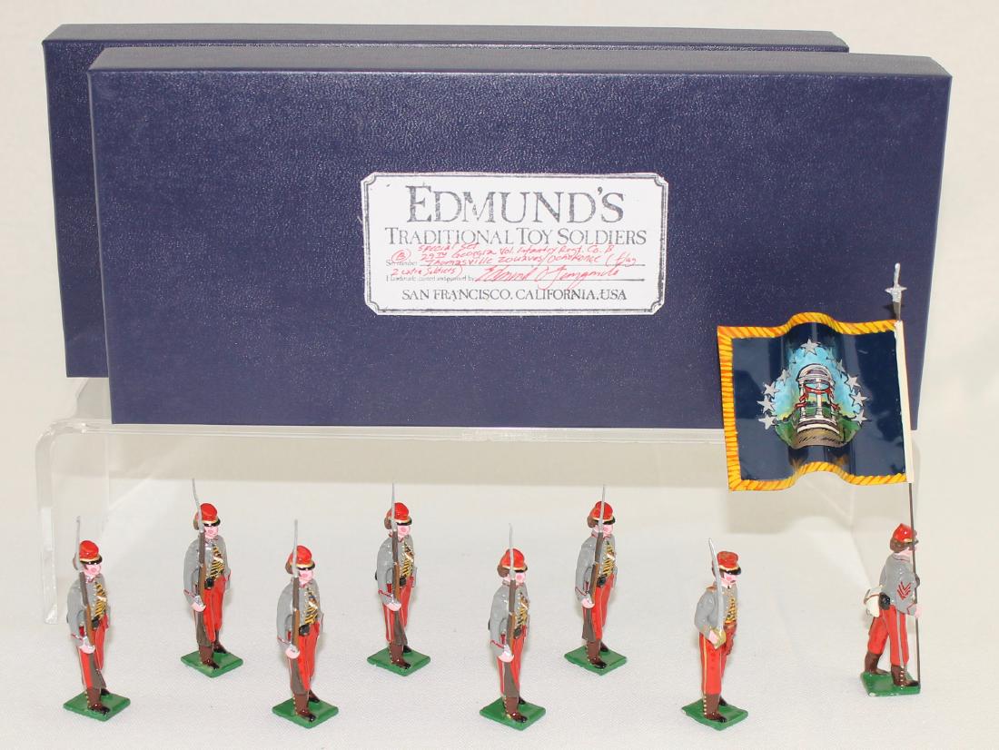 Edmund's 29th Georgia Volunteer Regiment: Edmund's 29th Georgia Volunteer Regiment Color Party (1861) "Ochlokonee Light Infantry aka Thomasville Zouaves". Expanded set includes special order flag bearer and extra trooper. 8 pieces. Condition