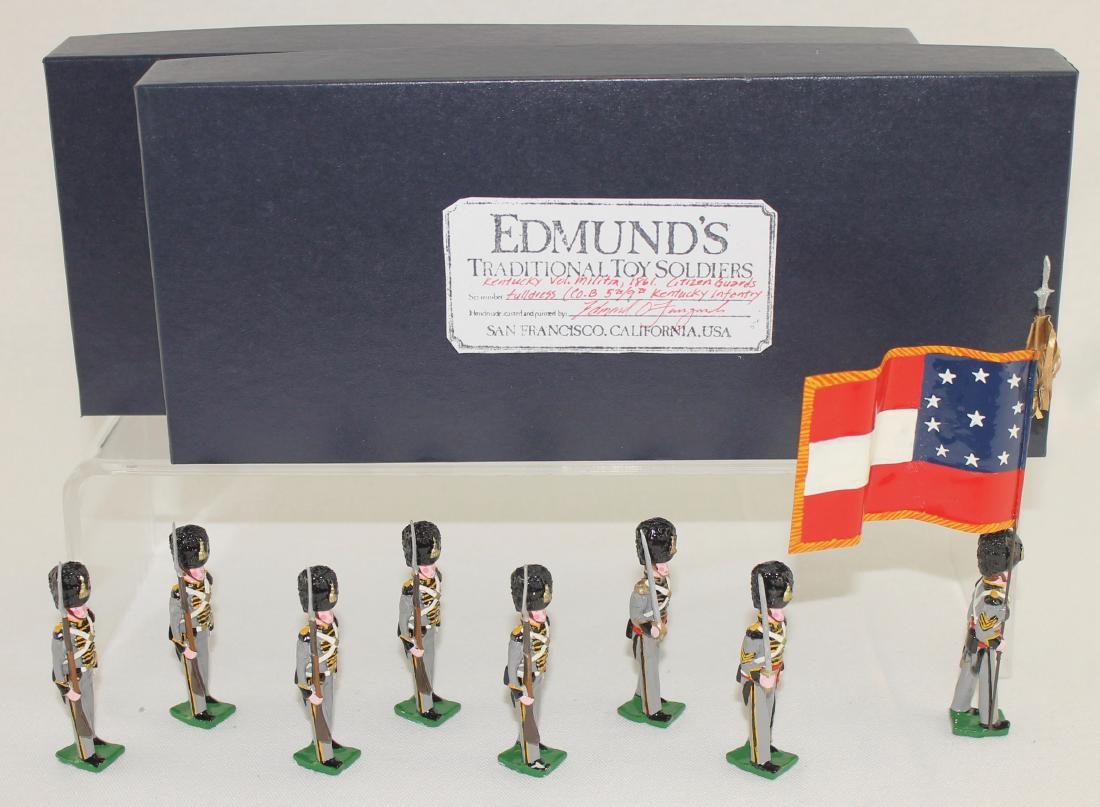 Edmund's Kentucky Volunteer Militia: Edmund's Kentucky Volunteer Militia Color Party (1861) "Citizen Guards". Expanded set includes special order flag bearer and extra trooper. 8 pieces. Condition excellent. Boxes very good.
