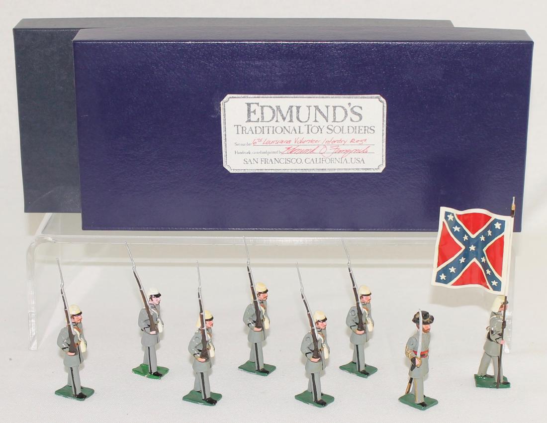 Edmund's 6th Louisiana Volunteer Regiment: Edmund's 6th Louisiana Volunteer Infantry Regiment Color Party (1861) "The Irish Brigade". Expanded set includes special order flag bearer and extra trooper. 8 pieces. Condition excellent. Boxes very 