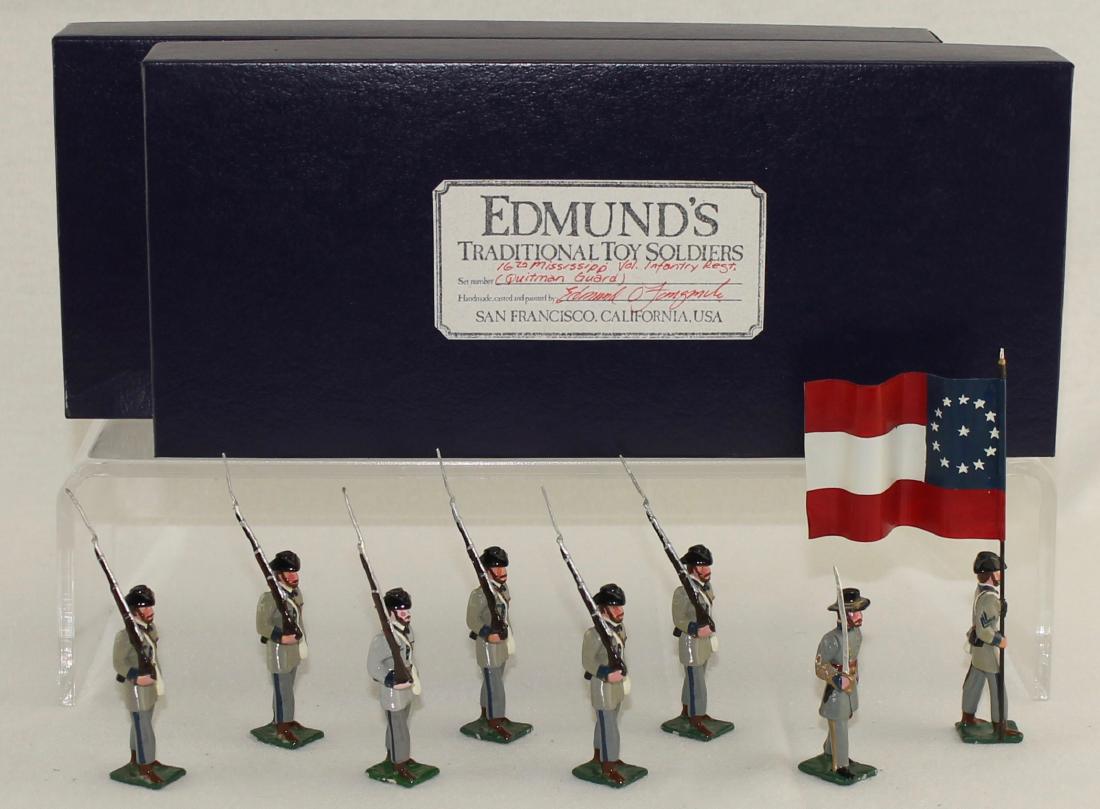 Edmund's 16th Mississippi Volunteer Regiment: Edmund's 16th Mississippi Volunteer Infantry Regiment Color Party (1861) "Quitman Guard". Expanded set includes special order flag bearer and extra trooper. 8 pieces. Condition excellent. Boxes very g