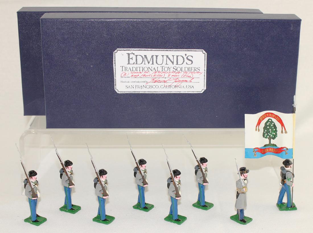 Edmund's 18th Mississippi Volunteer Regiment: Edmund's 18th Mississippi Volunteer Infantry Regiment Color Party (1861) "Burt's Rifles". Expanded set includes two extra troopers. 8 pieces. Condition excellent. Boxes very good.