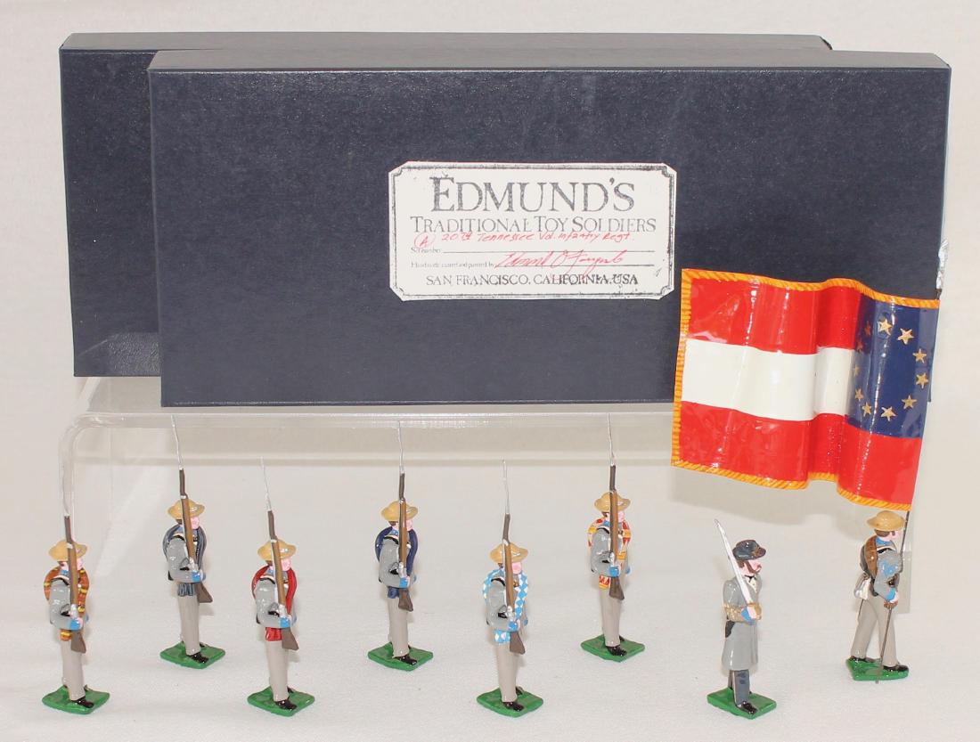 Edmund's 20th Tennessee Volunteer Regiment: Edmund's 20th Tennessee Volunteer Regiment Color Party (1861). Expanded set includes special order flag bearer and extra trooper. 8 pieces. Condition excellent. Boxes very good.