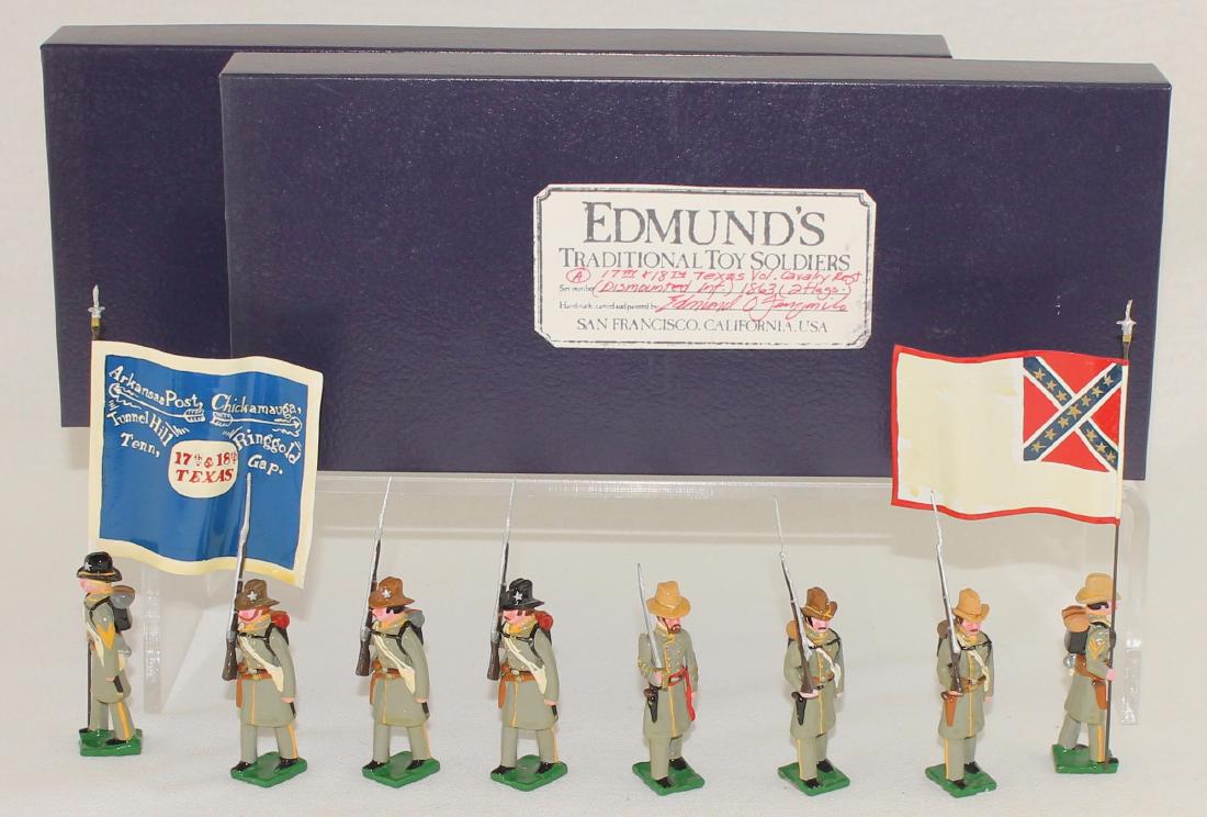 Edmund's 17th/18th Texas Volunteer Cavalry: Edmund's 17th/18th Texas Volunteer Cavalry Regiment Color Party (1862). Expanded set includes special order flag bearer and extra trooper. 8 pieces. Condition excellent. Boxes very good.