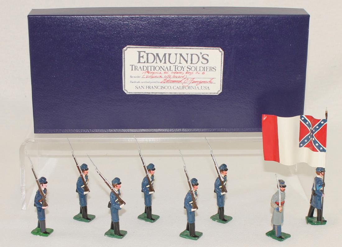 Edmund's 15th Virginia Volunteer Regiment: Edmund's 15th Virginia Volunteer Infantry Regiment Color Party ((1865) "Virginia Life Guards". Expanded set includes special order flag bearer and extra trooper. 8 pieces. Condition excellent. Boxes v