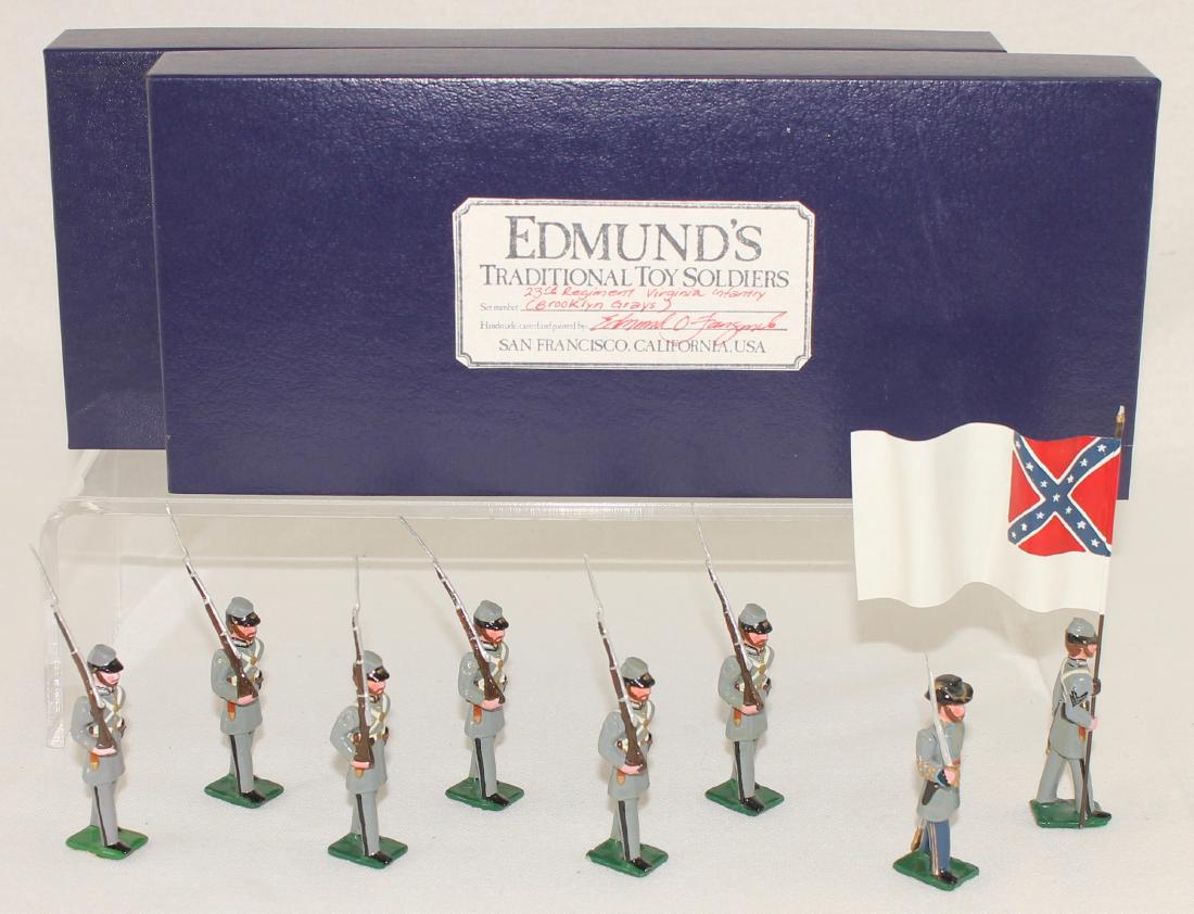 Edmund's 23rd Virginia Volunteer Regiment: Edmund's 23rd Virginia Volunteer Infantry Regiment Color Party (1863) "Brooklyn Grays". Expanded set includes special order flag bearer and extra trooper. 8 pieces. Condition excellent. Boxes very goo