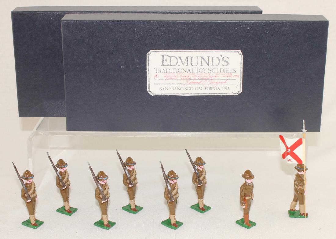 Edmund's 2nd California Infantry National Guard: Edmund's 2nd California Infantry National Guard Color Party (1916). Expanded set includes special order flag bearer and extra trooper. 8 pieces. Condition excellent. Boxes very good.