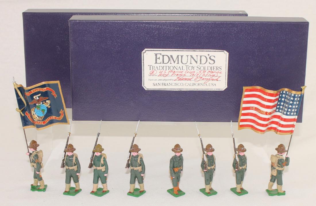 Edmund's 5th Marine Regiment Color Party: Edmund's 5th Marine Regiment Color Party (1917). Expanded set includes special order flag bearer and extra trooper. 8 pieces. Condition excellent. Boxes very good.