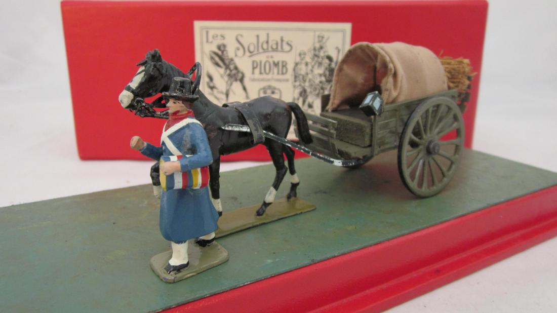 Lucotte #810 French Voiture de Cantiniere: French Voiture de Cantiniere circa 1950s. 1 horse, 2 wheeled cart with Cantiniere. 3 pieces. Condition very good.