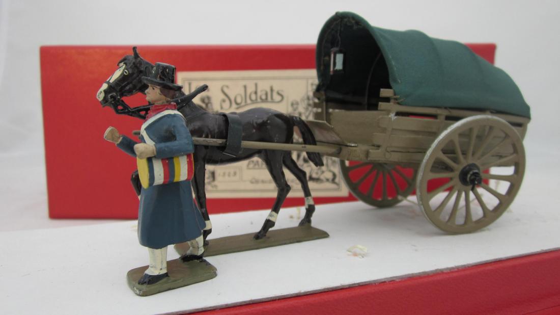 Lucotte #810 French Voiture de Cantiniere: French Voiture de Cantiniere circa 1960s. 1 horse, 2 wheeled cart with Cantiniere. 3 pieces. Condition very good.