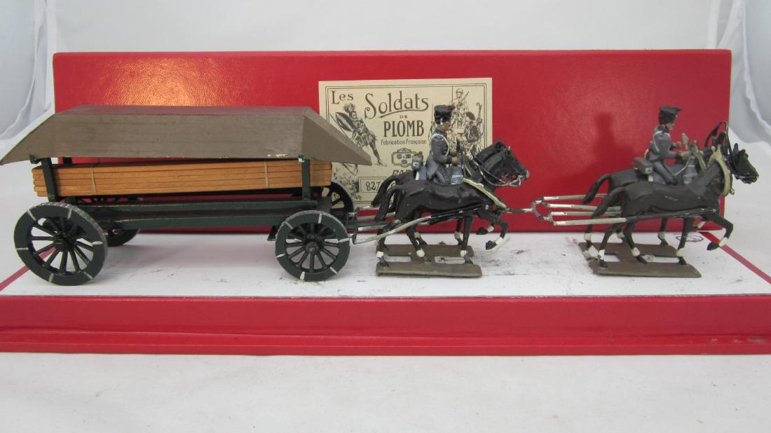 Lucotte #827 French Pont de Bateaux: French Pont de Bateaux circa 1930s, 4 horse team with 2 conducteurs uniformed as Artillerie Train of the Line.. With very fragile thin wood painted pontoon & 5 natural wood planks. Wagon of wood & lea