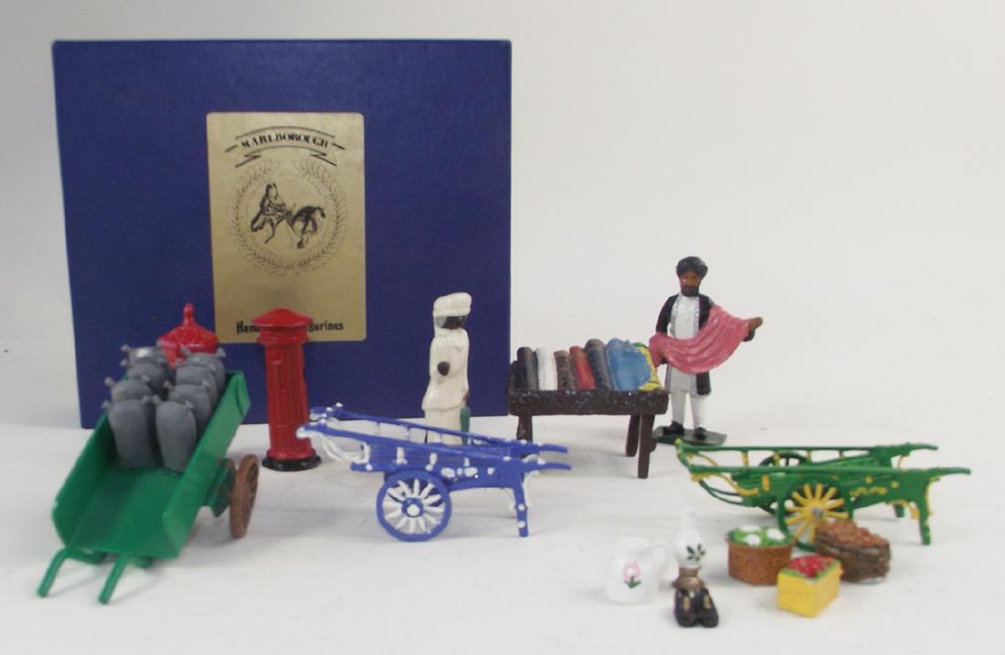 Marlborough Silk Seller and Diorama Items: 14 pieces, very good to excellent condition. Non-matching Marlborough box