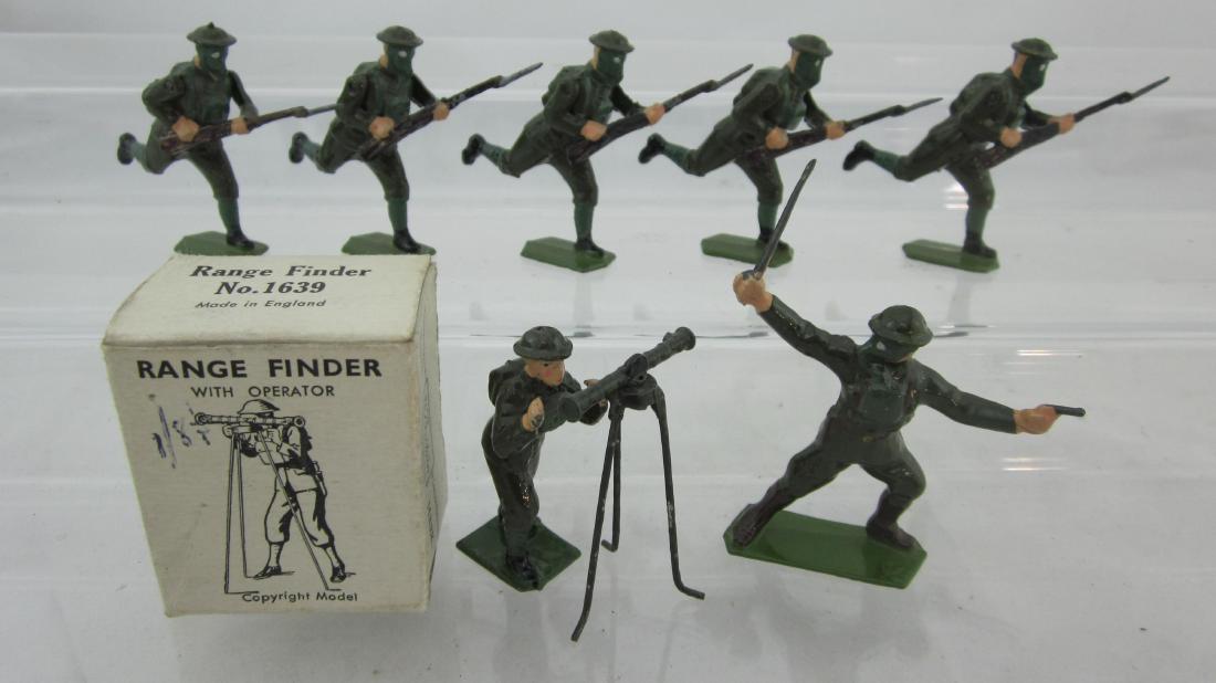 Britains Set #1613 British Infantry Charging.: 2 sets, Gasmask Infantry charging with Officer plus Range Finder in box #1639. 8 pieces. Condition excellent. #1639 box is excellent.