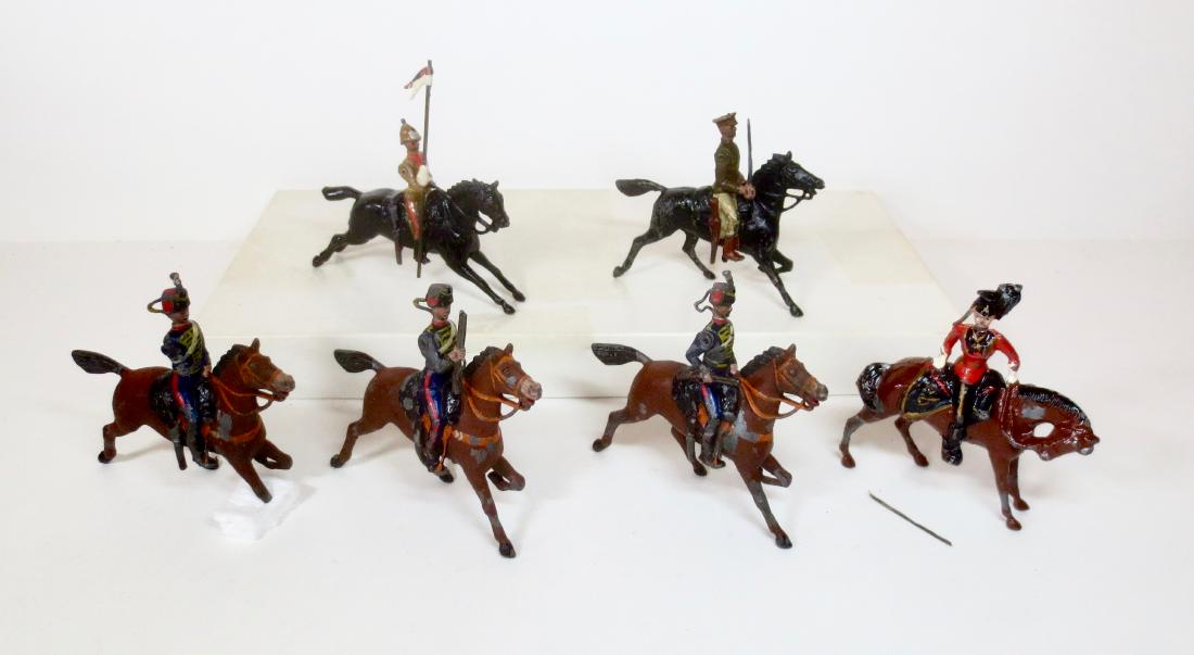 Britains Assortment of RARE Prewar Figures: 6 pieces. Including; three Hussars with Short Carbines from set #13 (one broken foreleg and missing rifle, one missing plume), one officer 9th lancers (sword broken, included for repair), one South Au
