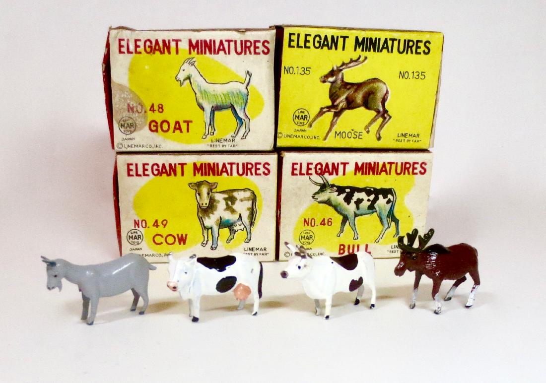 LineMar Elegant Miniatures Animal Assortment: 4 pieces. Including; #3 Bull, #48 Goat: #49 Cow and #135 Moose. Excellent condition. Come in their original Matchbox size illustrated boxes. Boxes excellent.