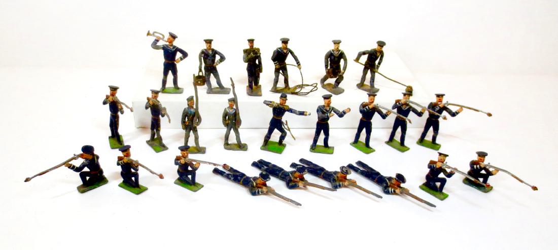 Heyde No. 2 Size Blue Jackets Assortment: 24 pieces. Including officer and bugler, Naval Work Detail, and Firing figures. Good condition (Officer's sword, and one rifle missing. Circa 1930. Unboxed.