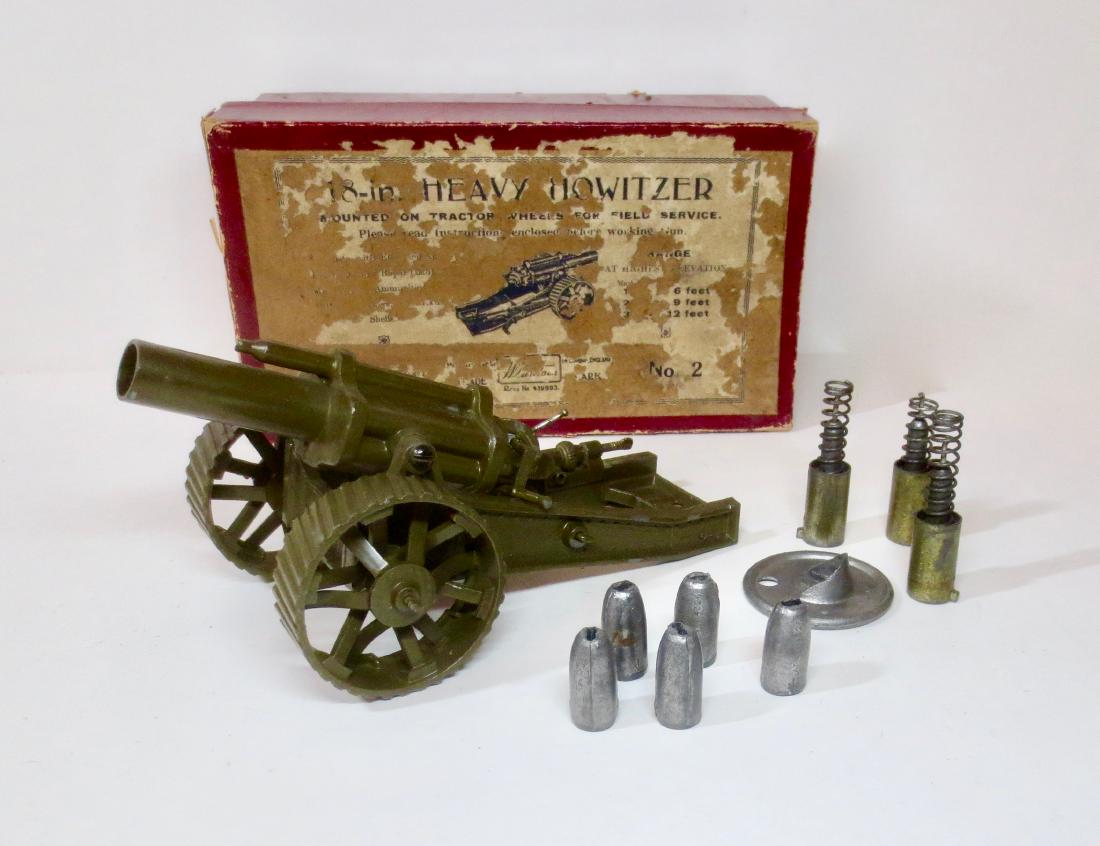 Britains #2 Pre war 18-in Heavy Howitzer: 10 pieces. Britains - Set - Gun No '2 [1266] - 18" Heavy Howitzer - mounted on tractor wheels for field operations; comprising: 18" Heavy Howitzer - mounted on tractor wheels, base plate, 3 x spring s