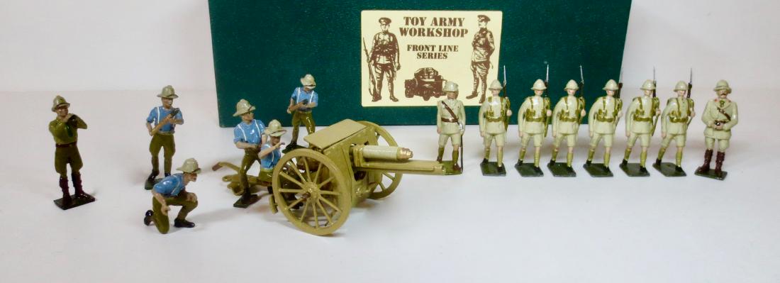 Toy Army Workshop Rare Field Gun and Crew: 14 pieces. Rare 18 pounder Field Gun and Crew, Plus Infantry and Officers. Excellent condition. Box excellent.