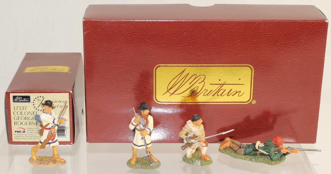 Britains Lot George Roger Clark's Virginians: American Revolution. Lot Includes #17537 Colonel George Clark and #17543 George Roger Clark's Virginians. 4 Pieces. Near Mint. Boxes Excellent.