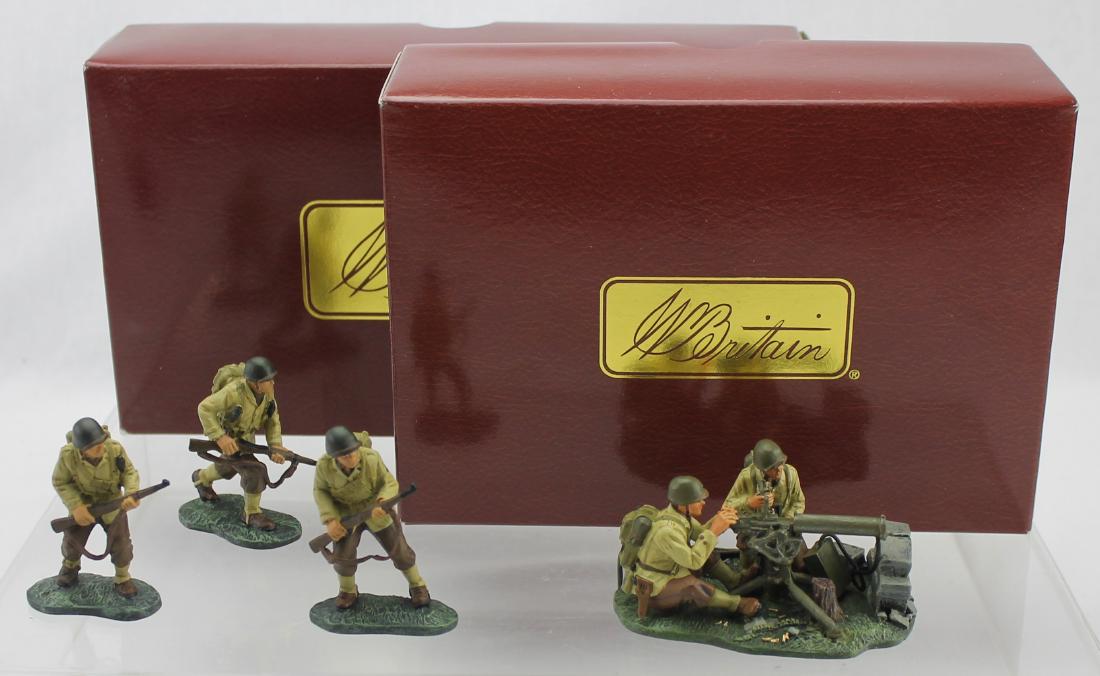 Britains Lot US Machine Gun Tank Support Teams: World War 2. Lot includes Sets #17494 US "Big Red One" Tank Support Team and #17492 US Water-Cooled Machine Gun Team. 4 Pieces. Near Mint. Boxes Very Good to Excellent with One Box Missing End Label.