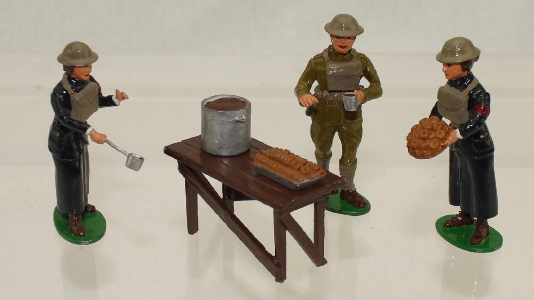 DJ Originals #3A YWCA Ladies and Doughboy: World War I. Lot Includes 3 Figures, Table, Coffee Pot and Doughnut Tray. 6 Pieces. Very Good - 1 Lady's Arm Detached - Easy Fix. No Box.