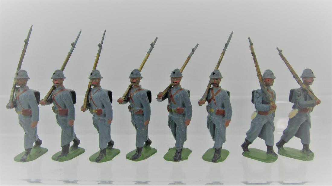 Britains Set #192 French Infantry, In Helmets.: French Infantry in Horizon blue circa 1930s. 8 pieces, DEPOSE on bases. Condition very good-excellent, 2 rifle bayonets cast a bit short & 1 man thinly cast in groin & thigh. No box.