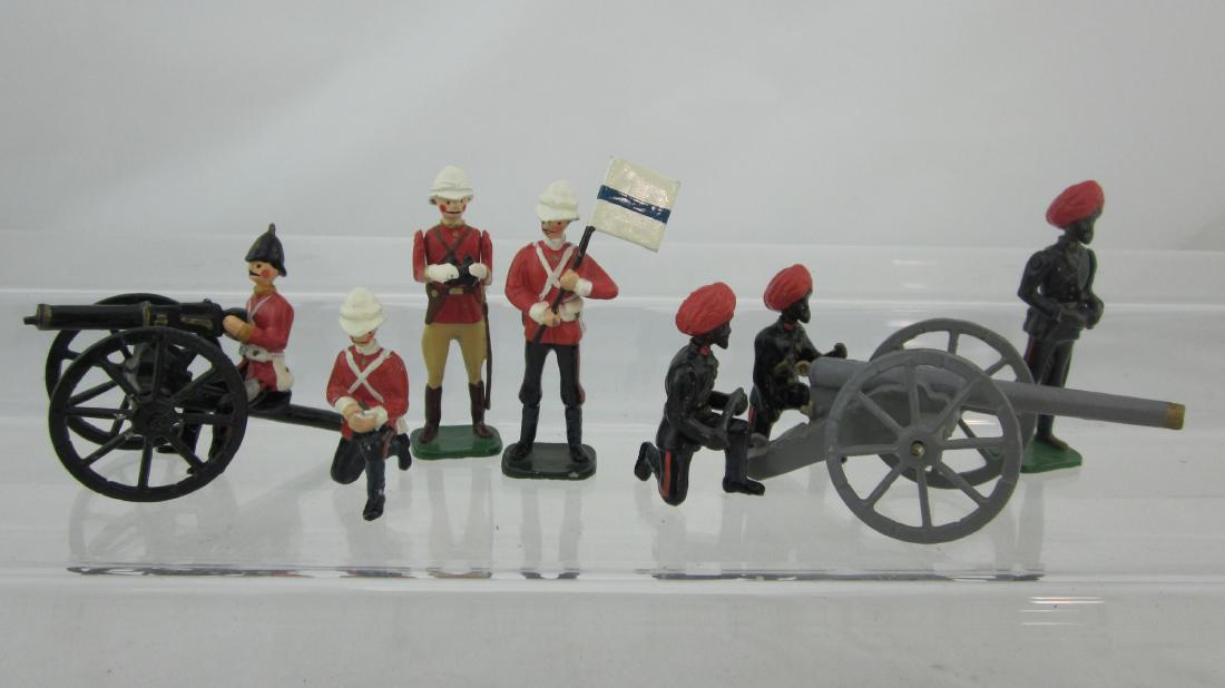 British Bulldog Sets #BB16, #BB14 & #BB2.: 3 British Bulldog (mid 1970s) Sets; East Kent Regiment Maxim Gunner, Lincolnshire Regiment Semaphore Section, & Indian Army Screw Gun & Crew. 8 pieces. Condition excellent. No boxes.
