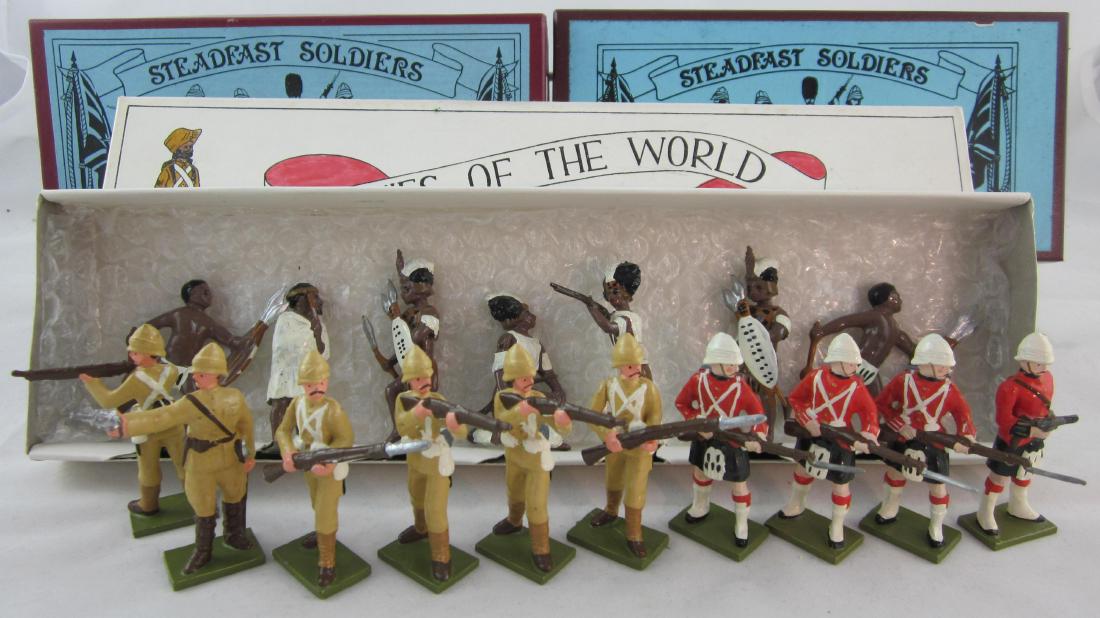 Steadfast Gloucestershire's & Black Watch.: #SF45 Gloucestershire Regiment, #SF44 Black Watch Gun Crew, along with Dorset Set #23 Zulus. 17 pieces. Condition mint in 3 excellent boxes.