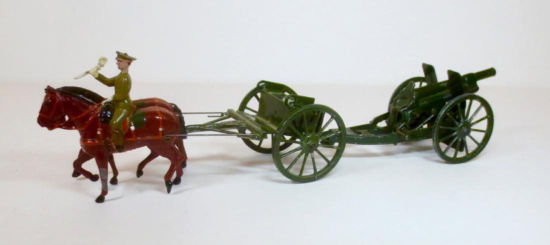 Britains From #144A Royal Field Artillery: Britains Royal Field Artillery, Active Service Order. Partial Set including; Team horse, Drivers (khaki service dress & peaked cap), limber and R.A. gun. Pre war. 4 pieces. Excellent condition (just a