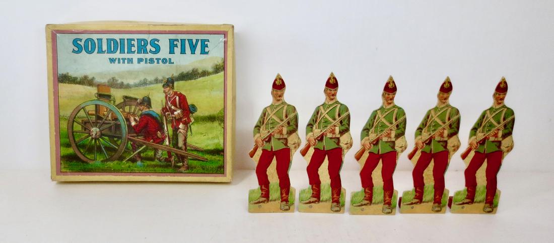 Milton Bradley "Soldier's Five" Game: Milton Bradley "Soldiers Five" Game. Circa early 1900's. Comes in its original beautifully Illustrated box. 5 pieces. Paper/cardboard soldiers on wooden bases, measure about 5-1/2" tall. Excellent con
