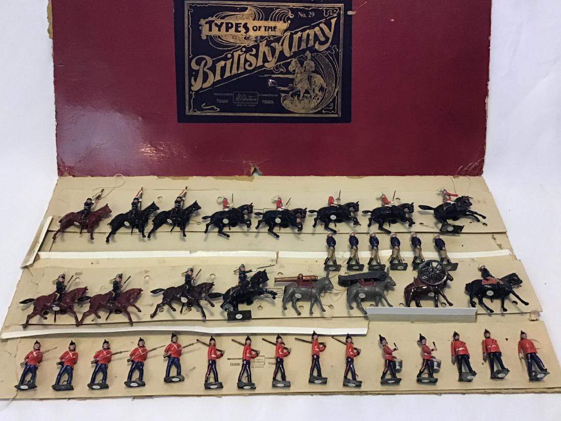 Britains Presentation Set # 29: Large 1930s display set featuring Mountain Artillery (missing one mule and shells), the Life Guards (one trooper's head missing), Third Hussars (one trooper missing), Ninth Lancers (missing officer) a