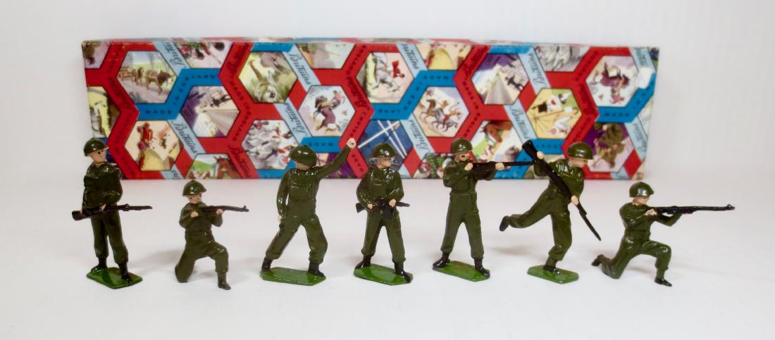 Britains #56s Infantry in Battle Dress: Post war with Illustrated "S" label box. 7 pieces. Excellent condition. Box excellent.
