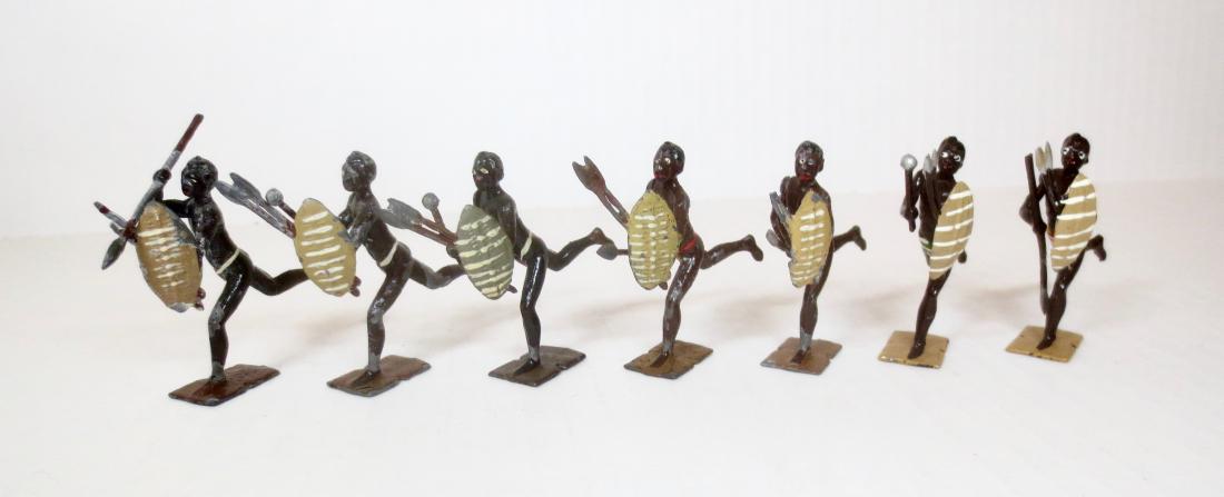 Britains From #147 Zulu Warriors: Post war. 7 pieces. Good to fair condition (mismatched bases). Unboxed.