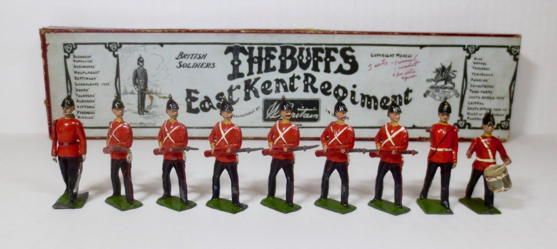 Britains #16 The Buffs East Kent Regiment: Pre war with Whisstock box. 9 pieces. Excellent to good condition (Bugler missing arm, drummer missing one stick, and one missing bayonet). Box fair (puncture on the top, missing inner card, and some 
