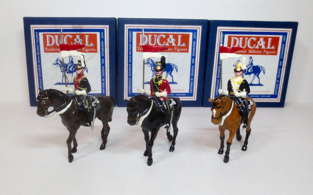 Ducal M43-9, M43-16, M43-17 Mounted Lancers: Mounted 9th, 16th and 17th Lancers. 3 pieces. Near mint. Boxes excellent.