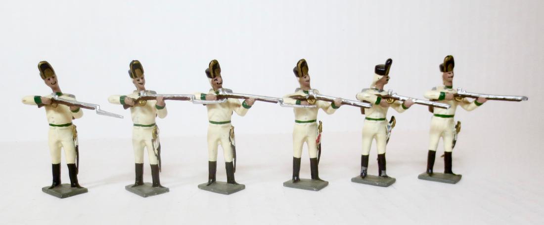 Mignot French Infantry Firing: 6 pieces. Good to fair condition (repainted, 3 missing bayonets). Unboxed.