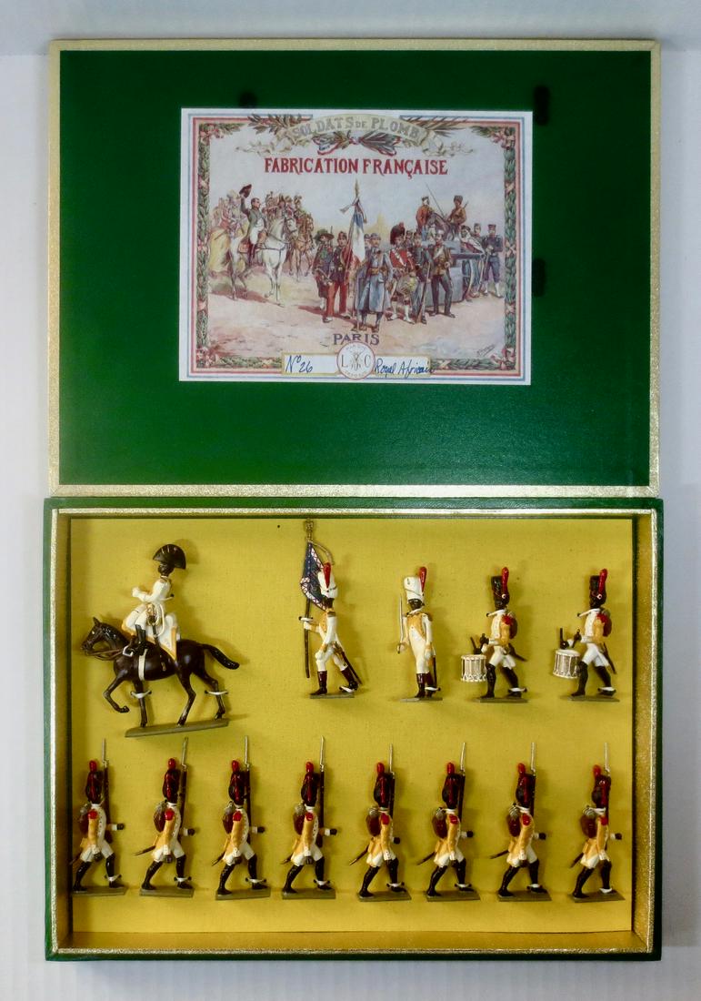 Lucotte France #26 Royal Africans Boxed Set: Mounted Officer, Standard Bearer, Drummers and Infantry of the Royal Africans. 13 pieces. Mint in box. Box excellent.