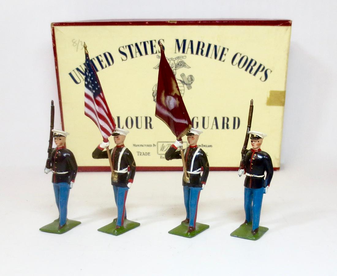 Britains #9482 U.S. Marine Corps Colour Guard: United States Marine Corps Colour Guard. Post war with box. 4 pieces. Excellent condition. Box excellent.