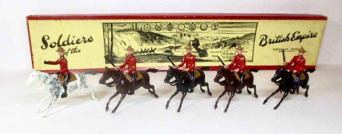 Britains #1349 Northwest Mounted Police: Royal Canadian Mounted Police. Post war, with Illustrated box. 5 pieces. Excellent to very good condition. Box Very good.