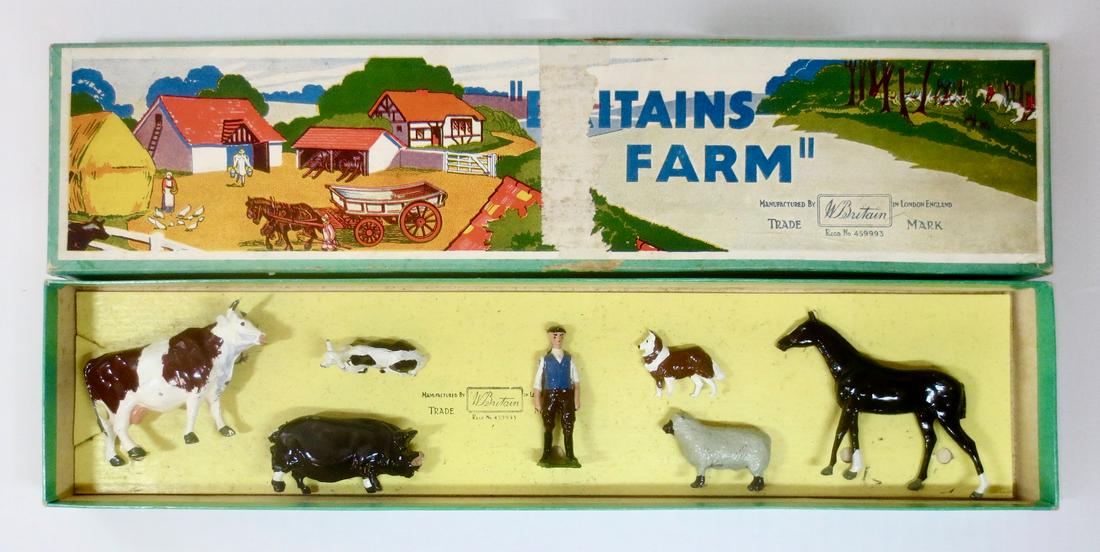 Britains #36F Farmyard Display: Farmyard Display set. Post War, untied in original Illustrated box. 1946-54. 7 pieces. Excellent condition. Box good (with surface wear on top label).