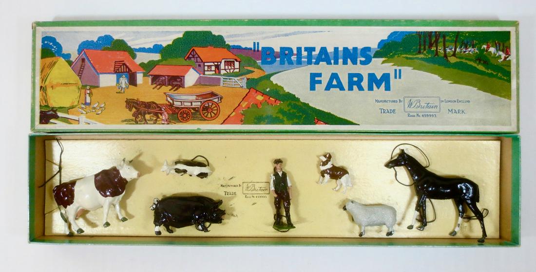 Britains #36F Farmyard Display: Farmyard Display set. Post War, untied in original Illustrated box. 1946-54. 7 pieces. Excellent condition. Box excellent.