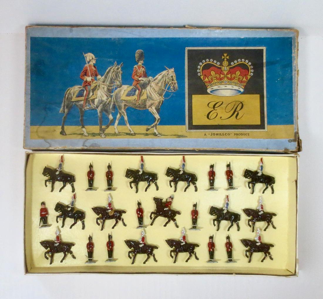 Johillco Box "C" Coronation Cavalry & Troops: Johillco Coronation Series Cavalry & Troops in original Illustrated box. Post war. 24 pieces. Mint condition, still tied to card in box. Box in fair condition (top corner split and water damage. Botto
