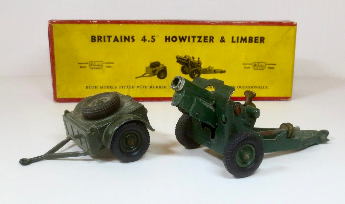 Britains #2008 4.5" Howitzer and Limber: Britains Royal Artillery Gun & Limber. Post war, circa 1952. Scarce set in original illustrated box. 2 pieces. Excellent condition. Box excellent.