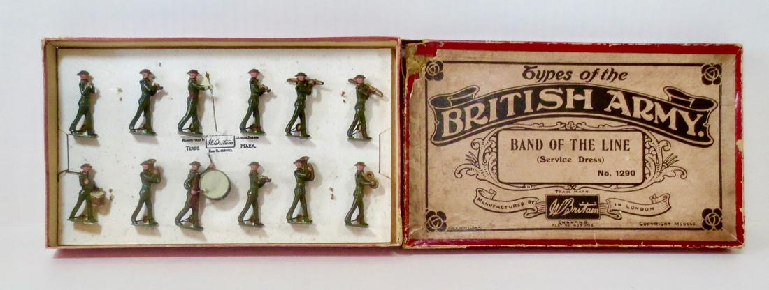 Britains RARE #1290 Band of the Line: Band of the Line in Service Dress with Rare Steel Helmets. Pre war, tied in Whisstock Types of the British Army box. 12 pieces. Near mint condition. Box good (some surface wear, and one top corner spl