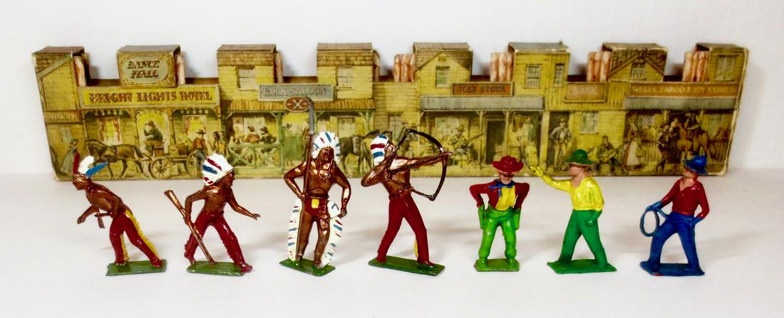 Crescent RARE Western Town & Figures: VERY RARE Crescent cardboard Western Town, with lead Cowboys and Indians. 8 pieces. Excellent condition (tip of cowboy's pistol broken). Unboxed.