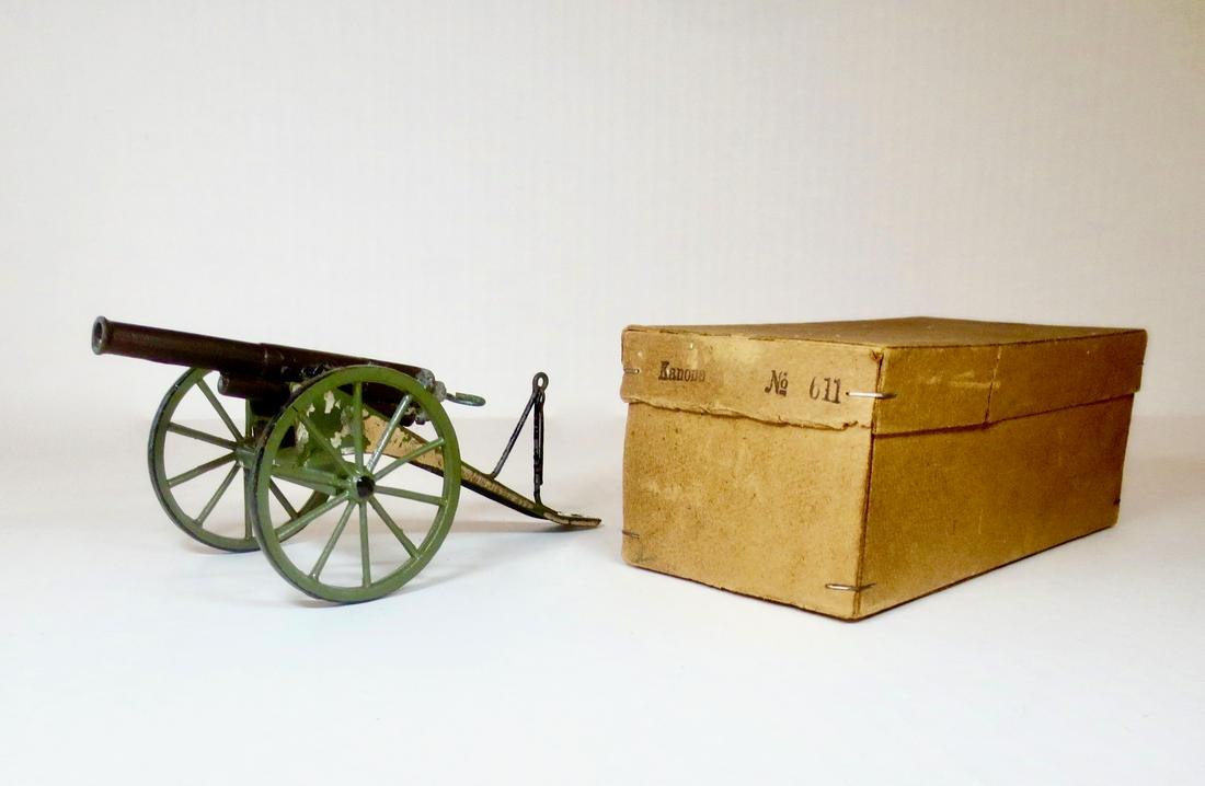 Unidentified Maker 8" Canon: Unusual Vintage Foreign Made Canon, measures 8" long by 3" tall. Made of lead and tin. Comes with original box. Very good condition (with some paint loss). Box very good.